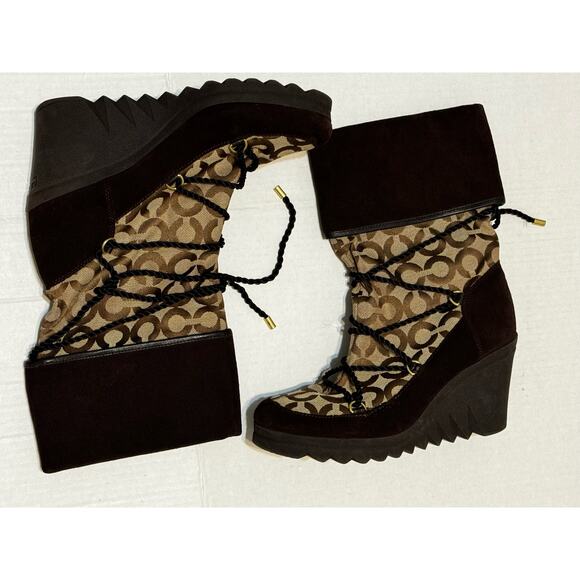 Coach Maisey Signature C Wedge‎ Boots Size 10 Khaki - Picture 2 of 9